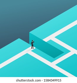 Business obstacle and professional strategy concept - businessman walks over gap as tightrope walker - isometric conceptual illustration for banner or poster