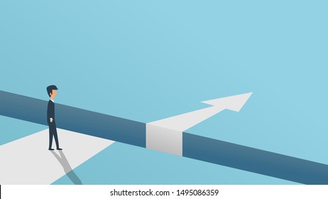 Business obstacle vector challenge issue solution arrow. Man concept success illustration overcome achievement cartoon. Hurdle career over barrier risk. Problem work metaphor job abyss 