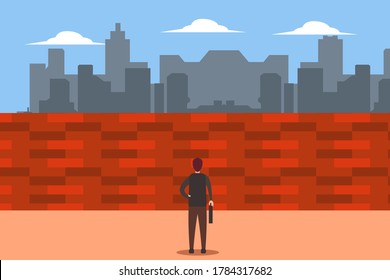 Business obstacle vector concept: back view of unidentified businessman facing the brick wall