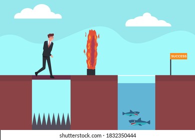 Business obstacle vector concept: Businessman walking to success through bridge trap, fire obstacle, and shark trap