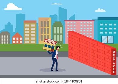 Business obstacle vector concept: Businessman in face mask looking at brick wall on the road while carrying small business store