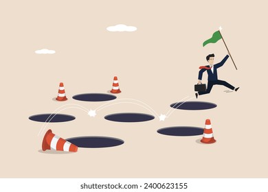 Business obstacles, blocking work or dreams, going through business problems, business people jumping through many holes of problems to achieve success.