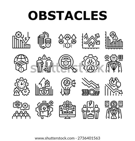 business obstacles icons set vector. competition regulation, financing innovation, scalability compliance, disruption business obstacles black contour illustrations
