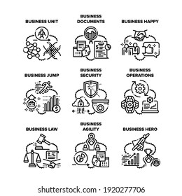 Business Occupation Set Symbole Vektorgrafiken. Business Unit und Dokumente, glücklicher Sprung und Sicherheit, Operationen und Recht, Agilität und Helden. Schwarze Illustration zum Thema Partnerschaft und Beziehungen
