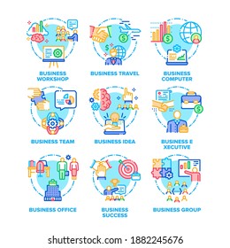 Business Occupation Set Vector Color Illustrations. Business Workshop And Travel, Computer And Office, Executive Team Group And Success Work, Idea And Goal Icons Collection Color Illustrations