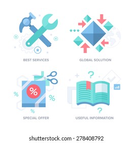 Business offer vector icons of company best service, global solution, special offer, useful information for web, mobile applications and print design. Modern flat style abstract business features