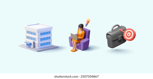 Business office building, female worker in chair with laptop, briefcase with target, 3D. Banner for successful project work, idea, business, development and strategy concepts. Vector illustration