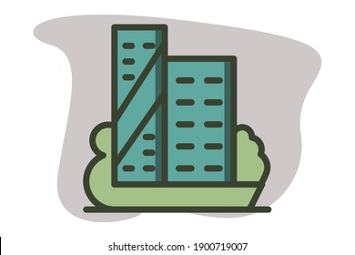Business office building icon filled line color in flat design construction, town, city and real estate elements

