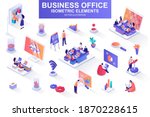 Business office bundle of isometric elements. Business analytics, project presentation, company teamwork, managers working isolated icons. Isometric vector illustration kit with people characters.