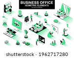 Business office bundle of isometric elements. Business analytics, project presentation, company teamwork, managers working isolated icons. Isometric vector illustration kit with people characters.