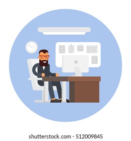 Business office. Businessman at work. Office workplace interior. Flat design illustration.
