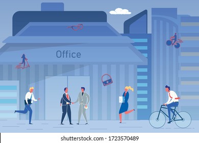 Business Office Center Entrance. People Outdoor. Man Woman with Paper Document Pile or Briefcase, Riding Bicycle Rushing to Work. Businessman Handshaking for Greeting. Vector Lifestyle Illustration