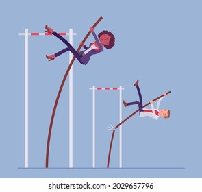 Business Office Competitors Attempt To Vault Over Bar With Pole. Athlete Managers, Strong Record Breakers Try To Overcome Difficulties And Obstacles, Solve Problems In High Jump. Vector Illustration