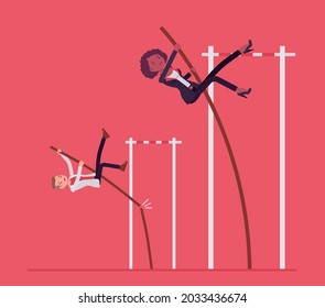 Business Office Competitors Attempt To Vault Over Bar With Pole. Athlete Managers, Strong Record Breakers Try To Overcome Difficulties And Obstacles, Solve Problems In High Jump. Vector Illustration