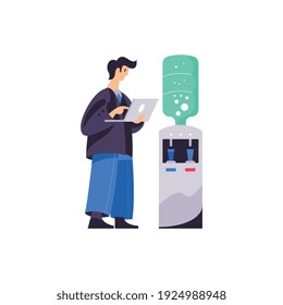 Composición de la oficina comercial con carácter humano de empleado masculino con ilustración vectorial de calentador de agua y portátil