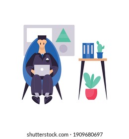 Business office composition with view of cozy working place with character of employee vector illustration