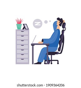 Business office composition with view of working place with character of employee vector illustration