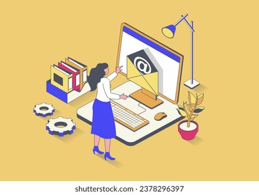 Business office concept in 3d isometric design. Woman making promo email mailing, doing paperwork and works on computer at workplace. Vector illustration with isometry people scene for web graphic