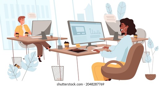 Business office concept in flat design. Employees talk and discuss tasks, working at computers sitting at workplaces, teamwork. Colleagues communicate in office people scene. Vector illustration
