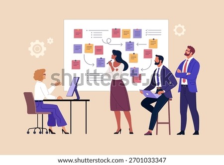 Business Office Concept. Vector illustration of diverse business team discussing workflow with sticky notes on board. Teamwork, planning, management and corporate communication. Isolated on background