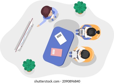 Business office connection working concept. Businessmen communicating talking about project strategy. People having board meeting with presentation, business brainstorming of startup, top view