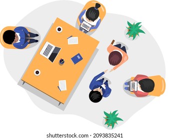 Business office connection working concept. Businessmen communicating talking about project strategy. People having board meeting with presentation, business brainstorming of startup, top view