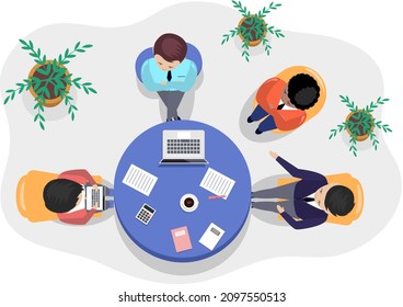 Business office connection working concept. Businessmen communicating talking about project strategy. People having board meeting with presentation, business brainstorming of startup, top view