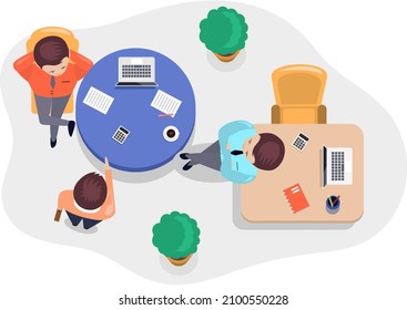 Concepto de trabajo de conexión de oficina comercial. Empresarios que se comunican hablando de la estrategia del proyecto. Gente que tiene reunión de mesa con presentación, lluvia de ideas de negocios de la puesta en marcha, vista superior