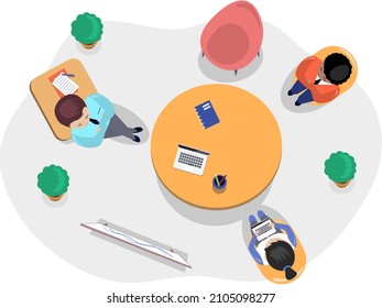 Business office connection working concept. Businessmen communicating talking about project strategy. People having board meeting with presentation, business brainstorming of startup, top view