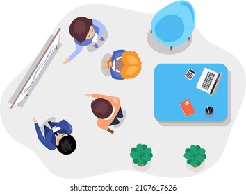 Concepto de trabajo de conexión de oficina comercial. Empresarios que se comunican hablando de la estrategia del proyecto. Gente que tiene reunión de mesa con presentación, lluvia de ideas de negocios de la puesta en marcha, vista superior