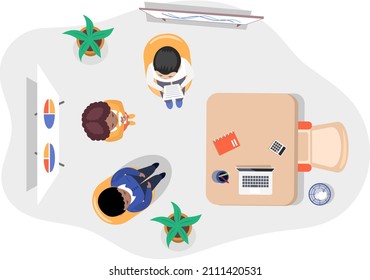 Business office connection working concept. Businessmen communicating talking about project strategy. People having board meeting with presentation, business brainstorming of startup, top view