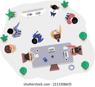 Business office connection working concept. Businessmen communicating talking about project strategy. People having board meeting with presentation, business brainstorming of startup, top view