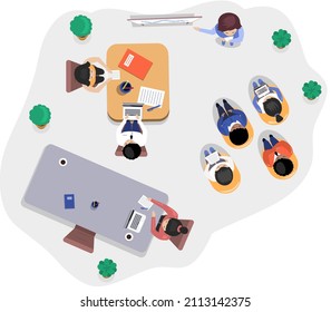 Business office connection working concept. Businessmen communicating talking about project strategy. People having board meeting with presentation, business brainstorming of startup, top view - Powered by Shutterstock - Get 15% off with code: PIKWIZARD15