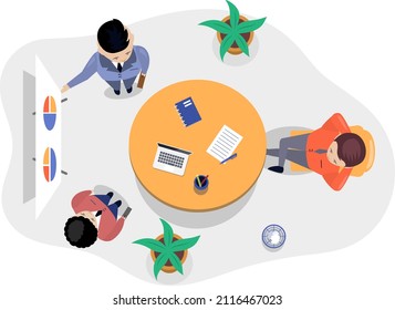 Business office connection working concept. Businessmen communicating talking about project strategy. People having board meeting with presentation, business brainstorming of startup, top view