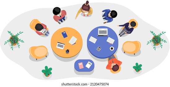 Business office connection working concept. Businessmen communicating talking about project strategy. People having board meeting with presentation, business brainstorming of startup, top view