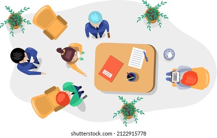 Business office connection working concept. Businessmen communicating talking about project strategy. People having board meeting with presentation, business brainstorming of startup, top view