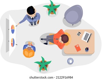 Business office connection working concept. Businessmen communicating talking about project strategy. People having board meeting with presentation, business brainstorming of startup, top view