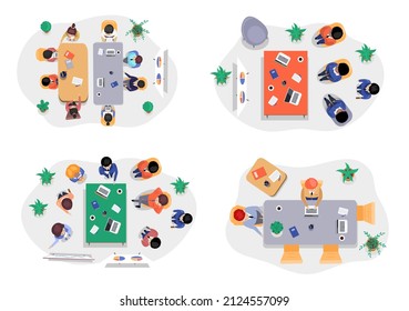 Business office connection working concept. Businessmen communicating talking about project strategy. People having board meeting with presentation, business brainstorming of startup, top view