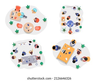 Business office connection working concept. Businessmen communicating talking about project strategy. People having board meeting with presentation, business brainstorming of startup, top view