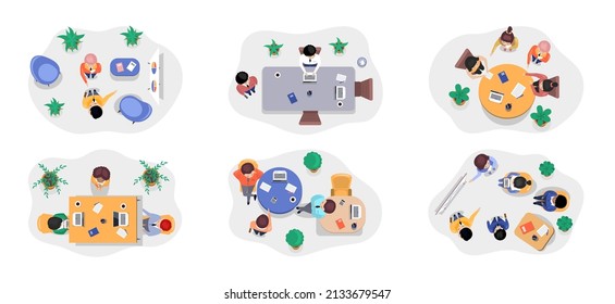 Business office connection working concept. Businessmen communicating talking about project strategy. People having board meeting with presentation, business brainstorming of startup, top view