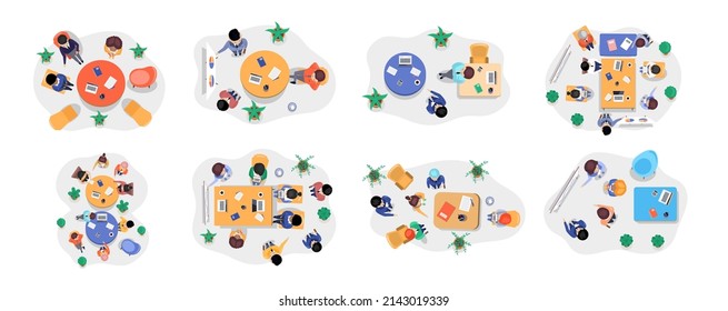 Business office connection working concept. Businessmen communicating talking about project strategy. People having board meeting with presentation, business brainstorming of startup, top view