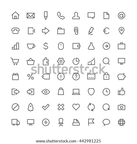 Business, office, contacts, shop, money, system and website total outline vector icon set - 64 different symbols on the white background