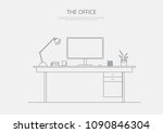 Business Office Desk Line Art Vector Illustration