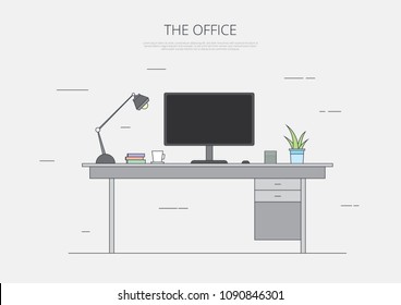 Business Office Desk Line Art Vector Illustration