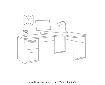 Business Office Desk Line Art Vector Illustration . Workplace. linear icon. Line with Editable stroke .Office interior outline sketch. Modern business workspace with office furniture .