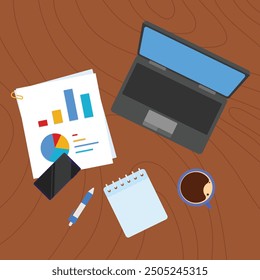 Business office desk vector. Business office items on desk. business data, coffee, laptop, mobile.