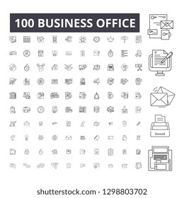 Business office editable line icons, 100 vector set, collection. Business office black outline illustrations, signs, symbols