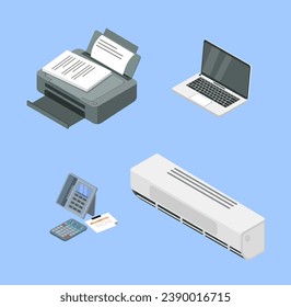 Conjunto de elementos de la oficina comercial. Portátil e impresora, sistema de refrigeración y teléfono. Equipo para un flujo de trabajo eficiente en el lugar de trabajo. Colección vectorial isométrica de dibujos animados aislada en fondo azul
