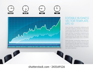 Business office with empty conference desk, stock charts on wall screen and world clocks. Editable vector template