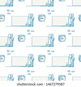 Business Office, Entrepreneur Workplace Mockup Flat Vector Seamless Pattern. Laptop, Various Stationery in Holder, Cup of Hot Coffee and Alarm Clock Illustration on White Background. Wrapping Paper,
